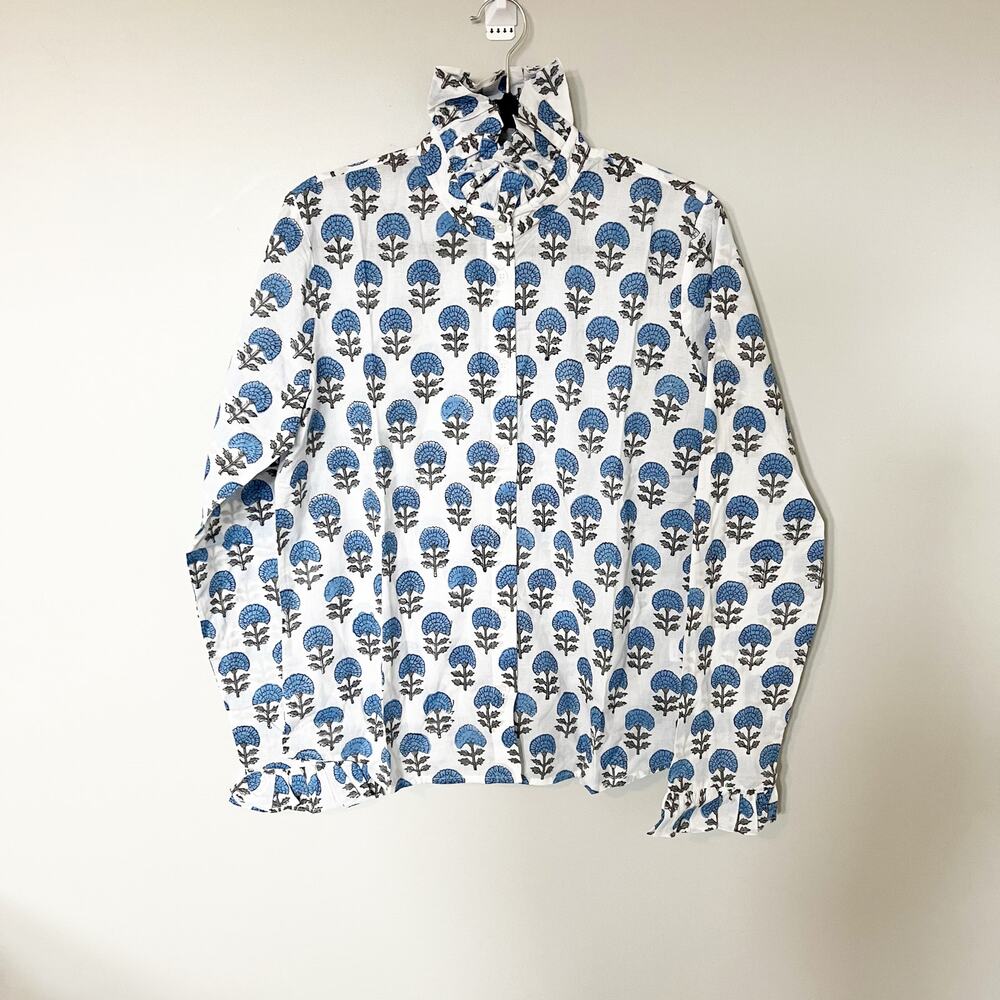 Saule Parc high ruffle neck blue floral print button up cotton women’s small